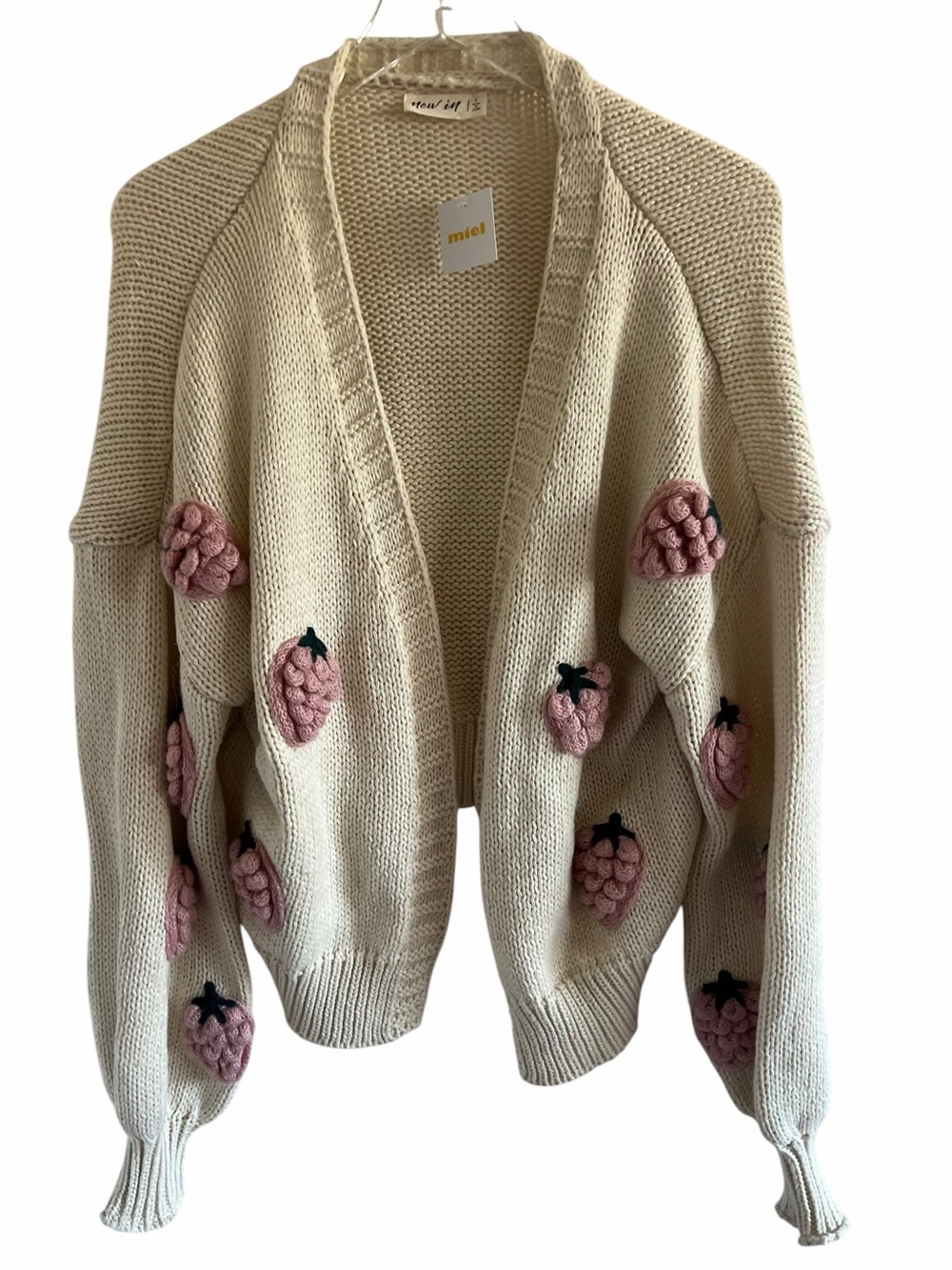 Miel Cream Knit Cardigan with Pink Raspberry Appliqués